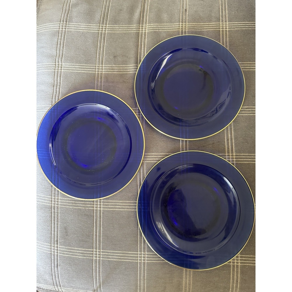Vintage Cobalt Blue Glass Gold Rim 8" Plates Dinnerware Set MCM Funky Eclectic